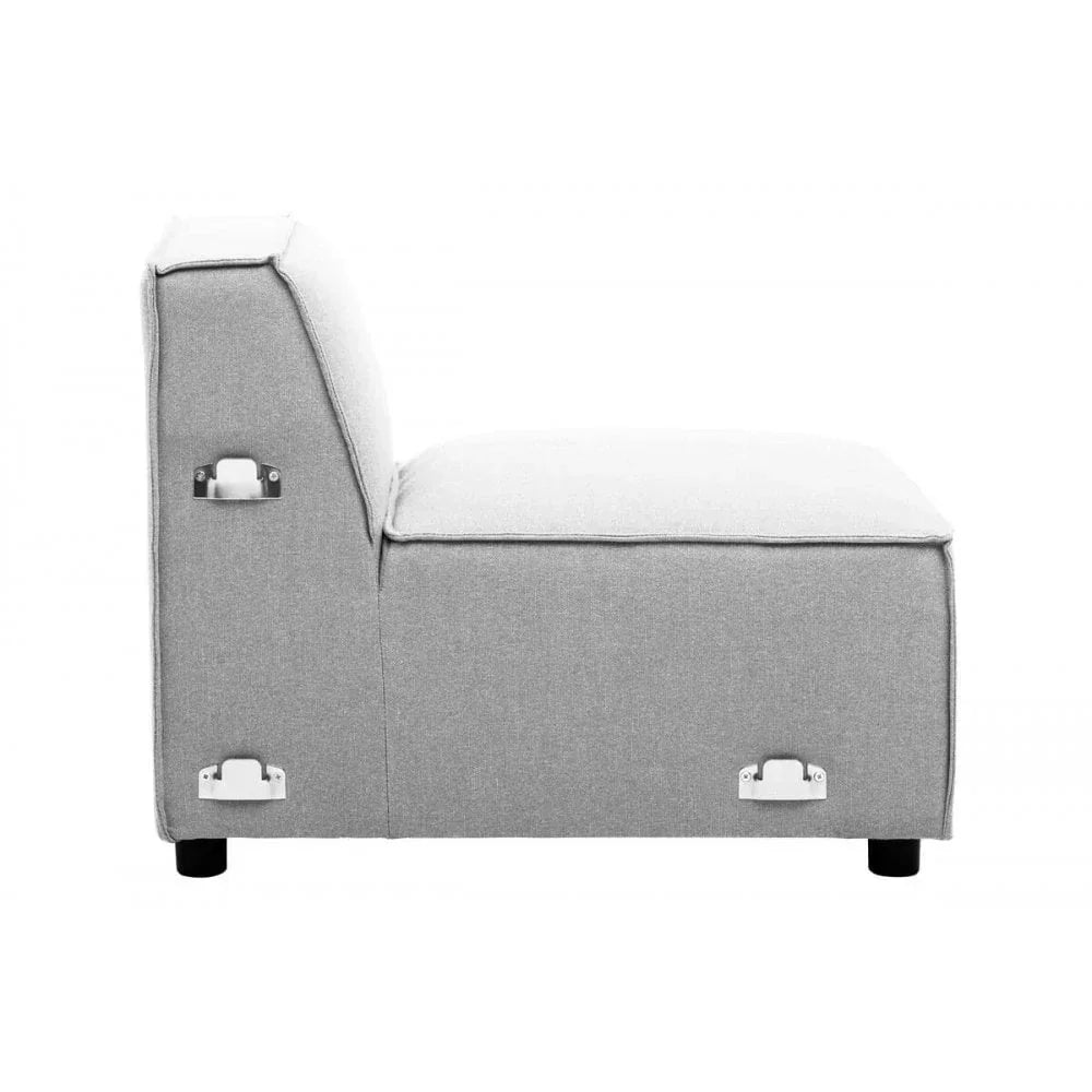 Side view of a grey sofa section with fabric upholstery and visible metal connection brackets