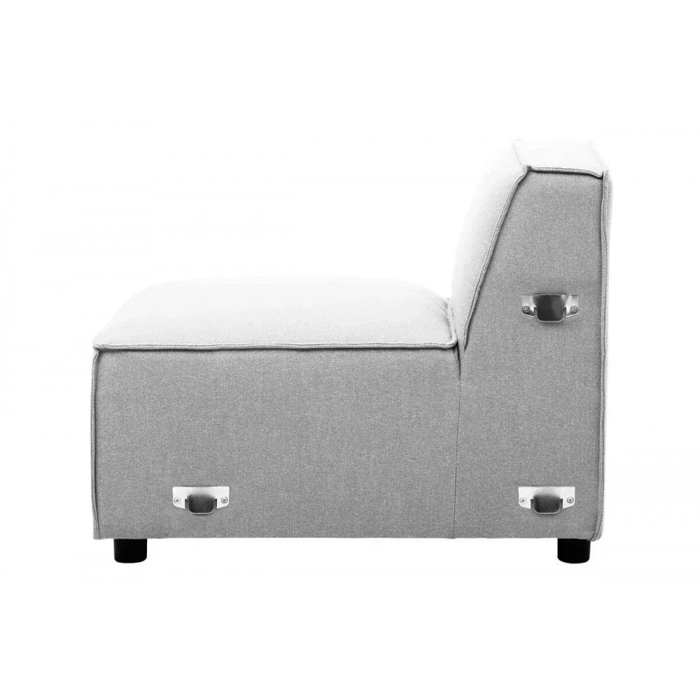 Light grey modular sofa seat with metal connectors, side view