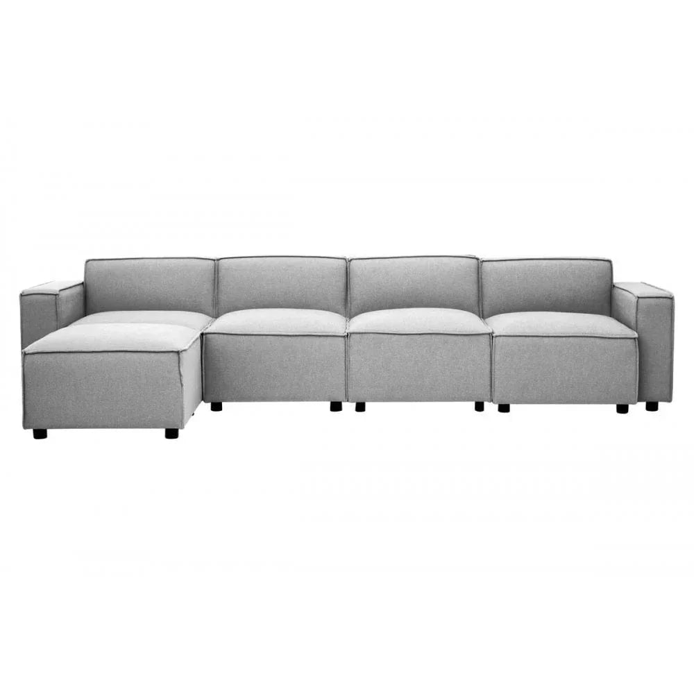Grey fabric corner sofa with left chaise, modern modular design, straight-on view