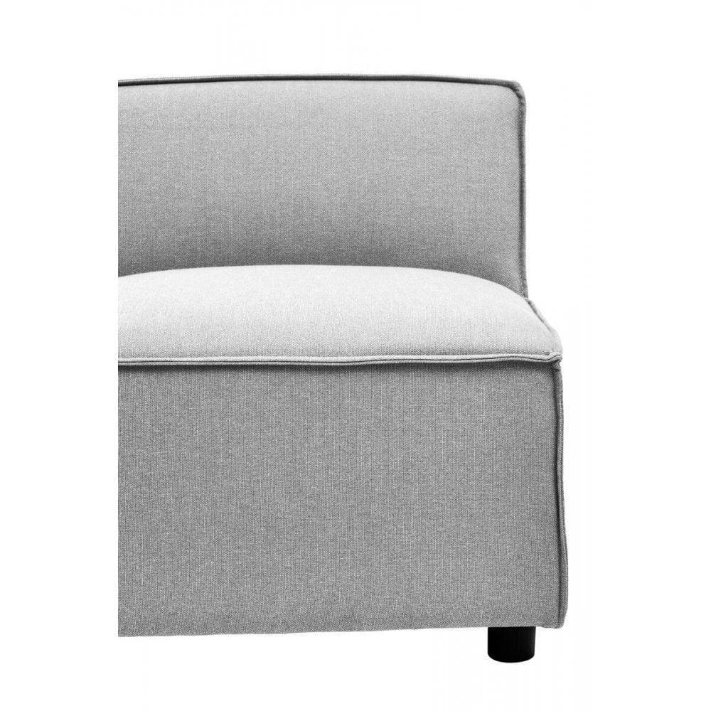 Closeup of grey fabric sofa corner unit with piped edges and cushioned seat