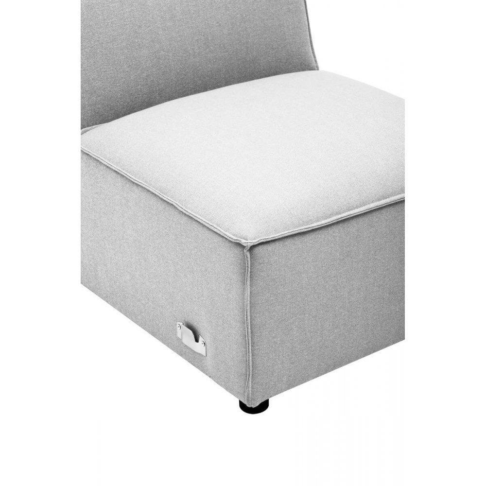 Light grey fabric sofa seat section with metal handle and black feet, close corner view