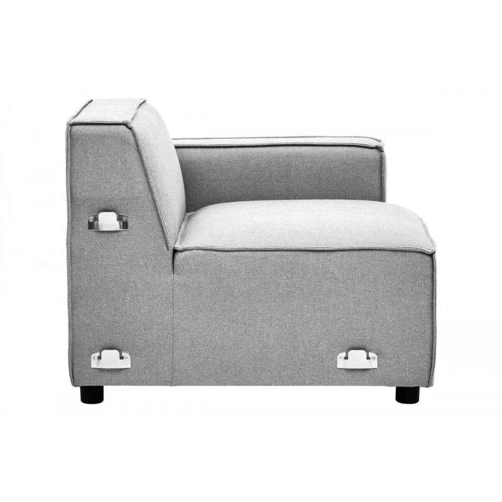 Light grey fabric sofa corner section with metal connector brackets, side view