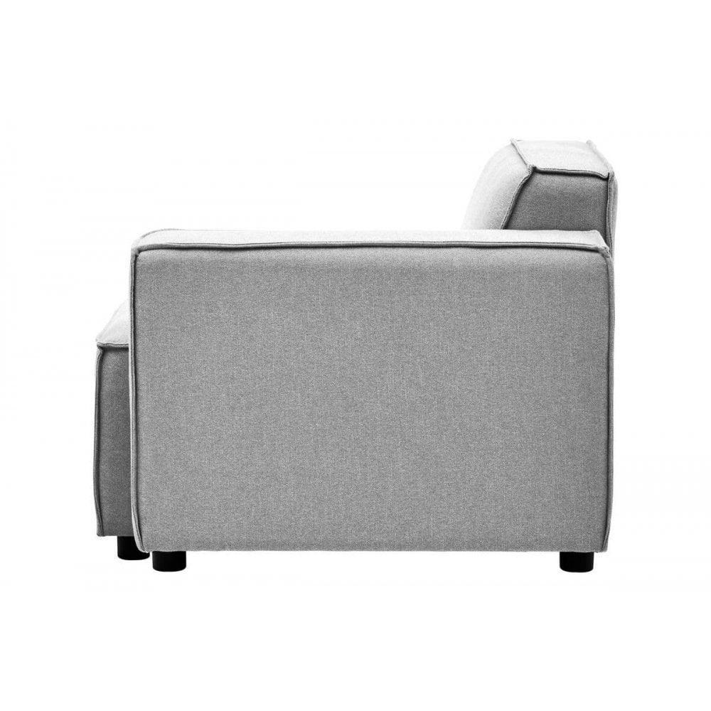 Side view of grey fabric sofa with box arm and short black feet