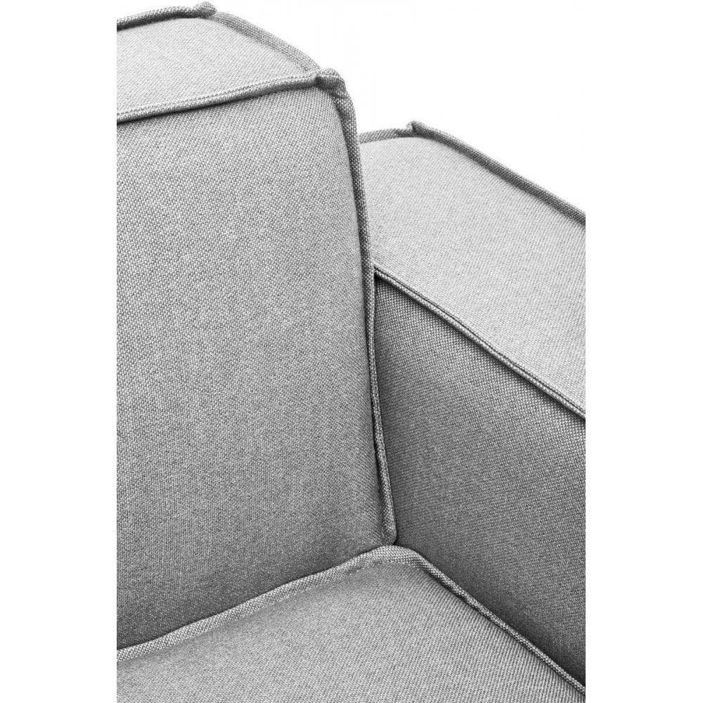 Closeup of light grey fabric sofa armrest and backrest upholstery detail