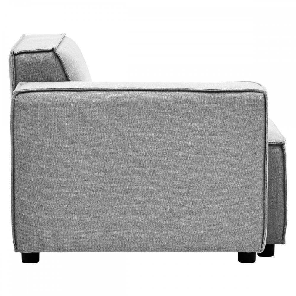 Side view of modern grey fabric sofa with wide armrest and black feet