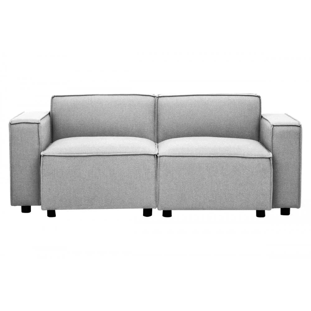 Modern grey fabric sofa with square arms and black legs, front view