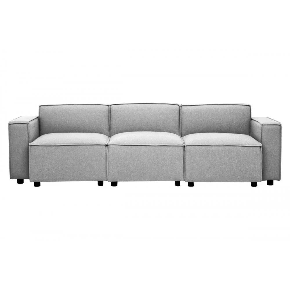 Modern grey fabric sofa with square armrests and deep seat cushions, front view