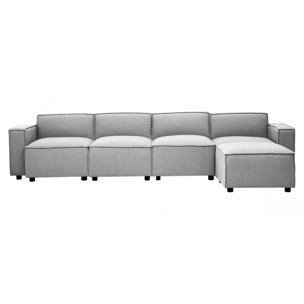 Modern grey fabric corner sofa with low arms and block feet