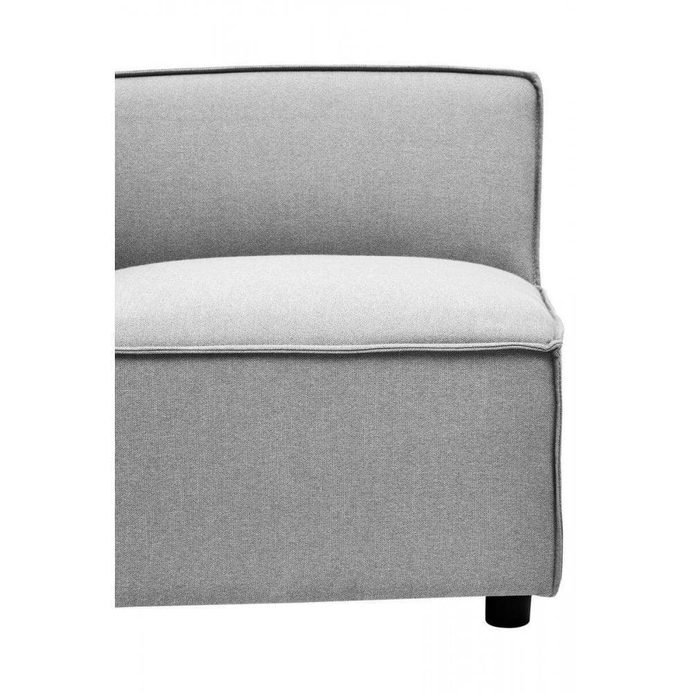 Close-up of grey fabric sofa corner with cushioned seat and low black leg