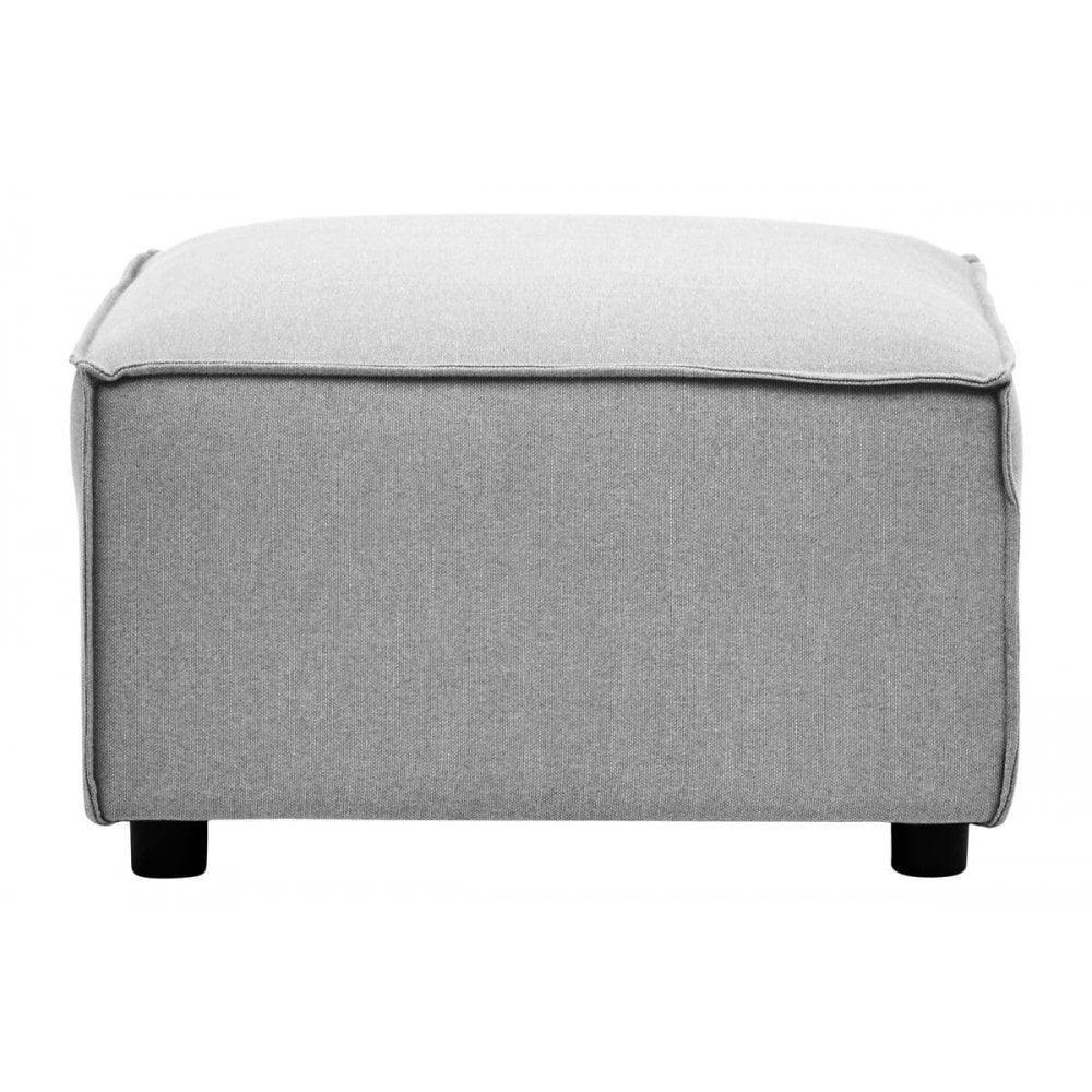 Light grey fabric ottoman footstool with subtle piping and low black legs, front view