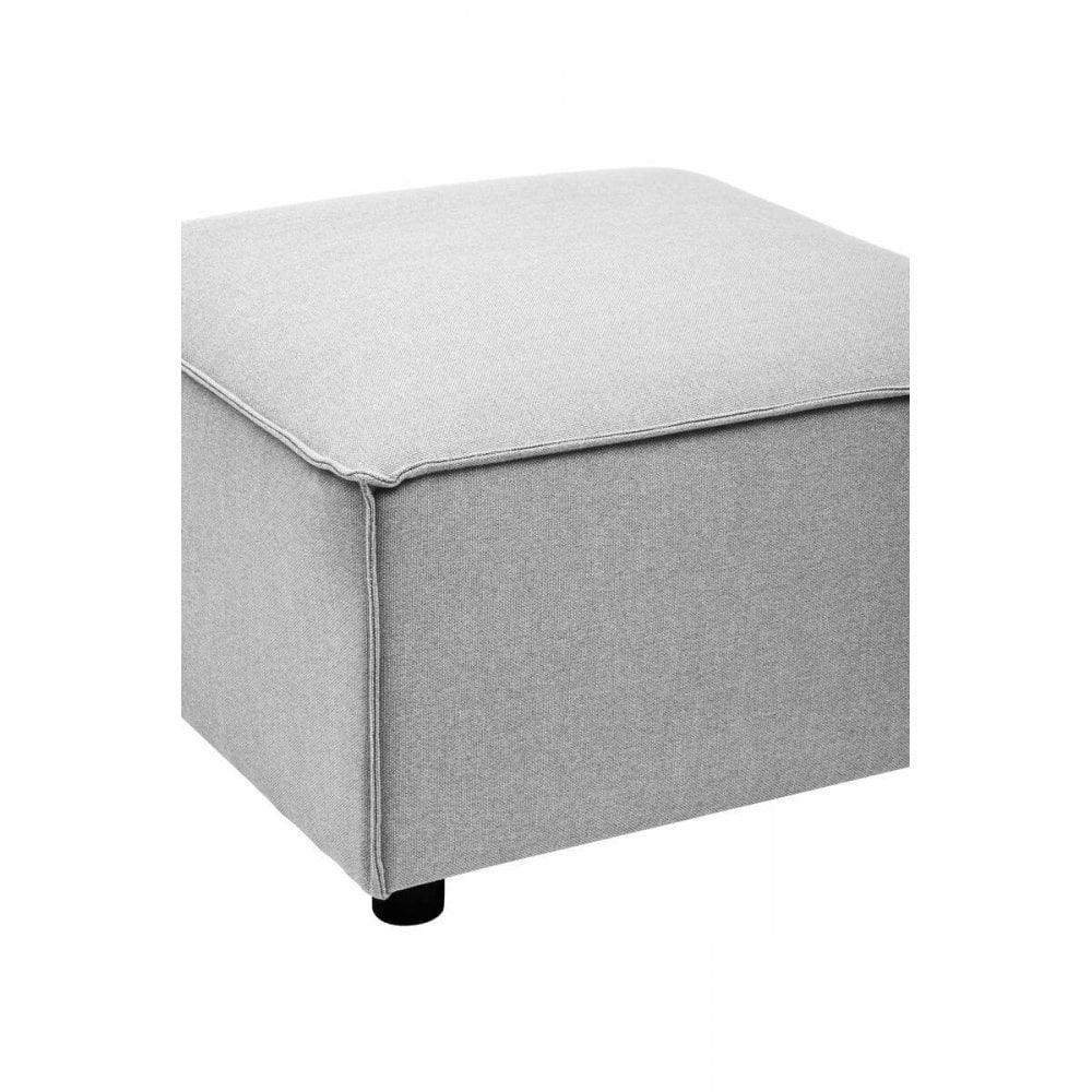 Light grey fabric ottoman with black feet, cube shape, modern living room furniture