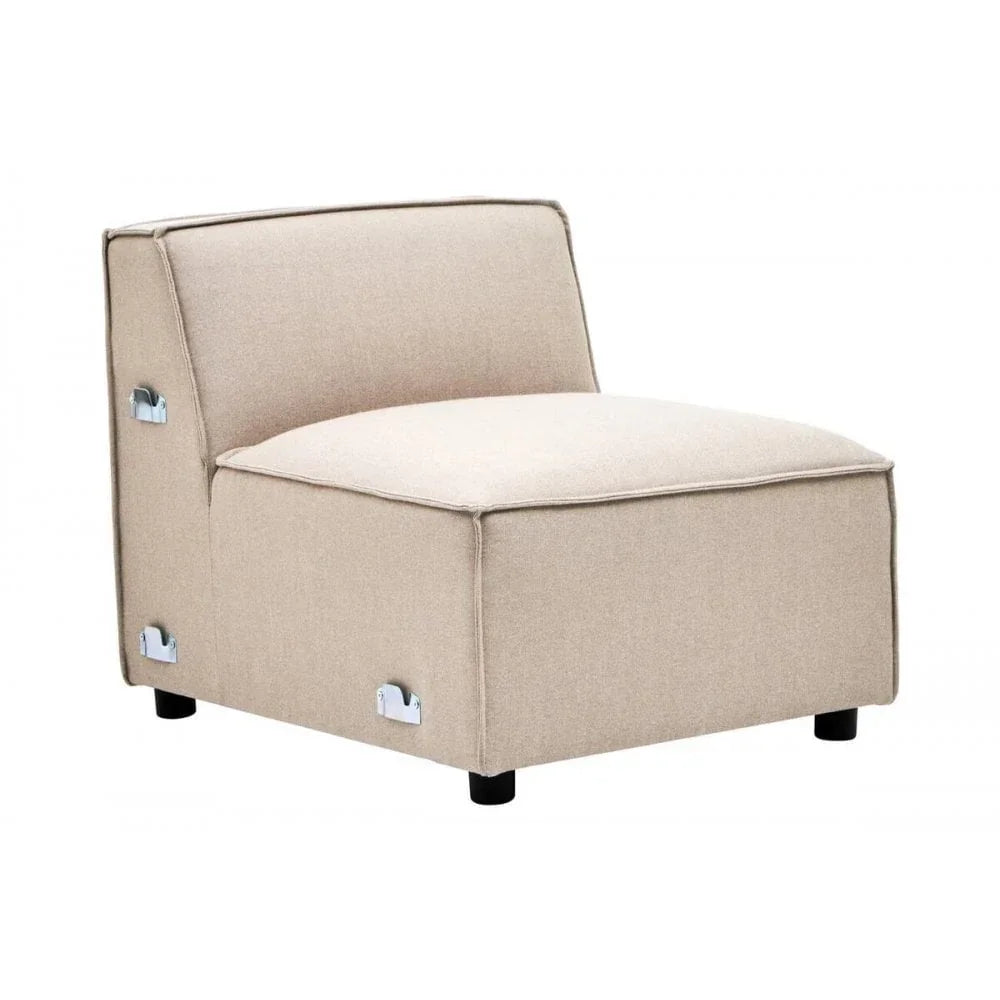 Beige fabric armless sofa chair with chrome details and low black legs on white background