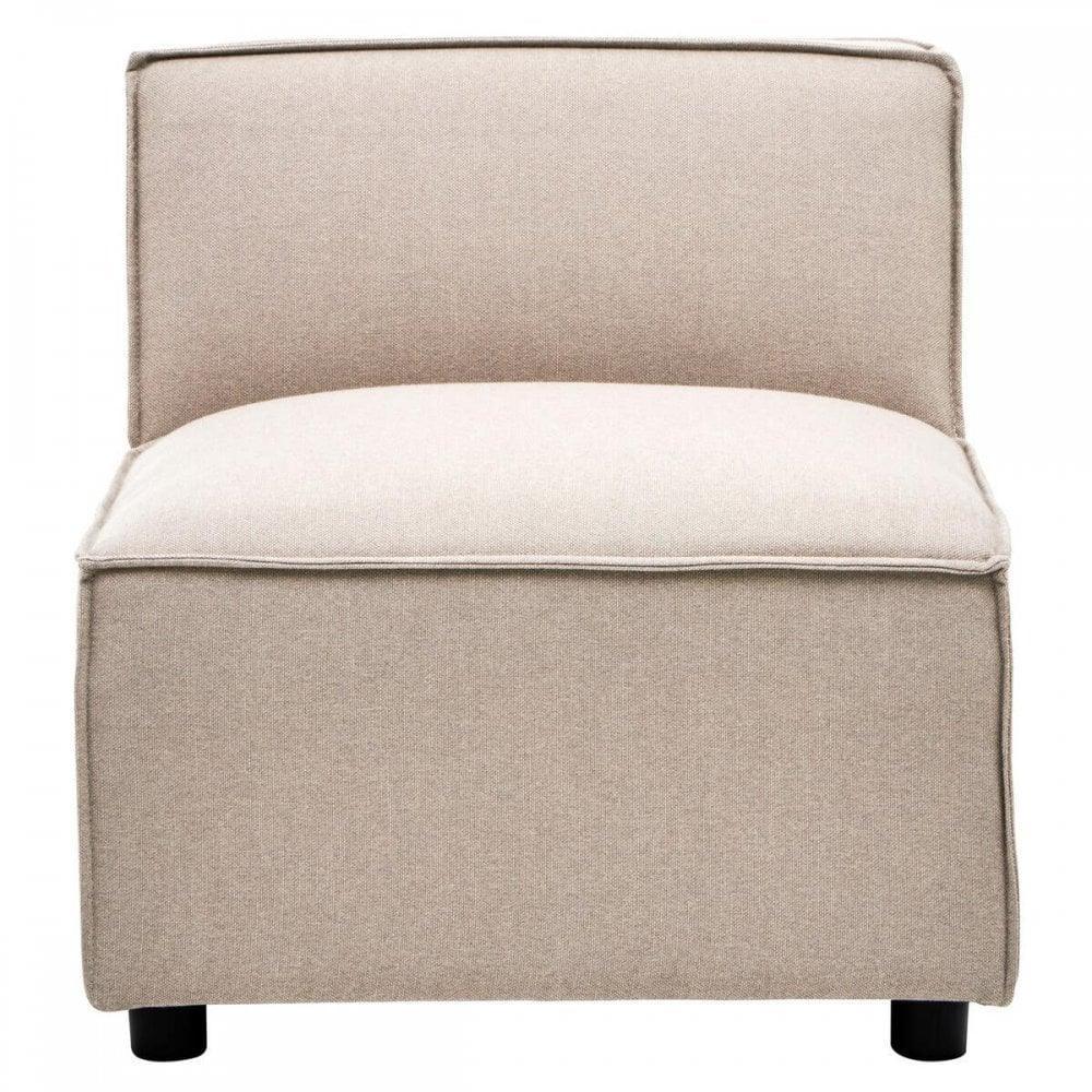 Beige fabric armless accent chair with low back and black legs, front view