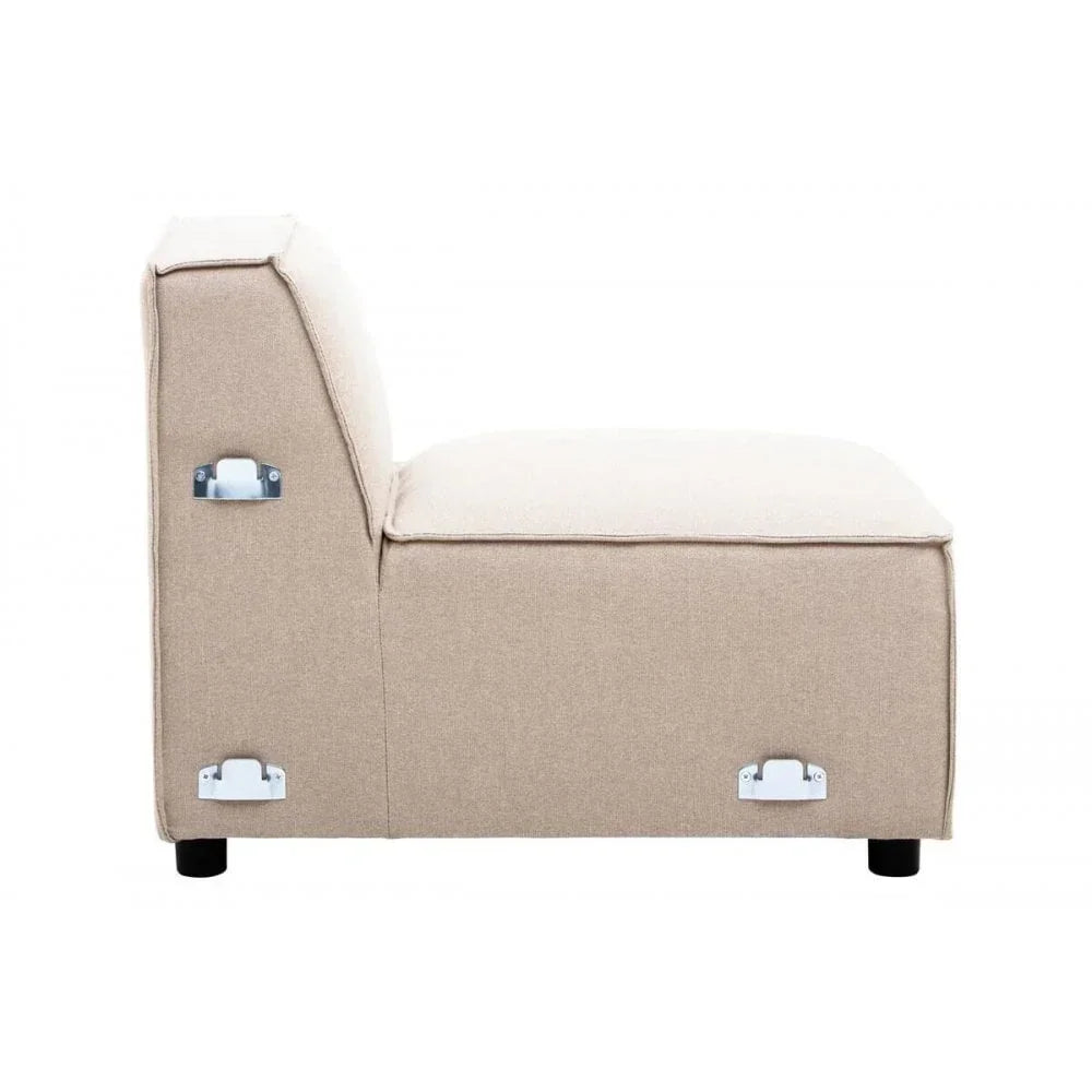 Beige fabric sofa section with side clips and black feet, viewed from the left angle