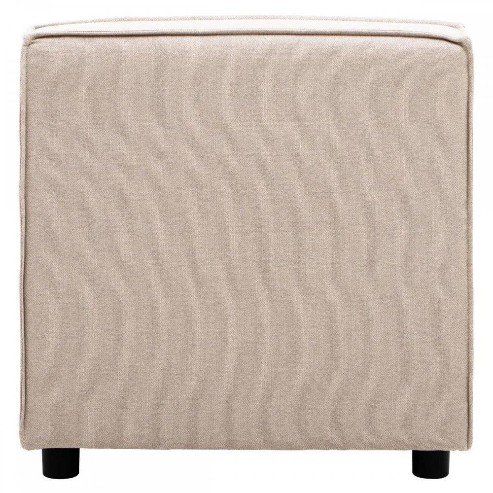 Beige fabric ottoman with black feet front view