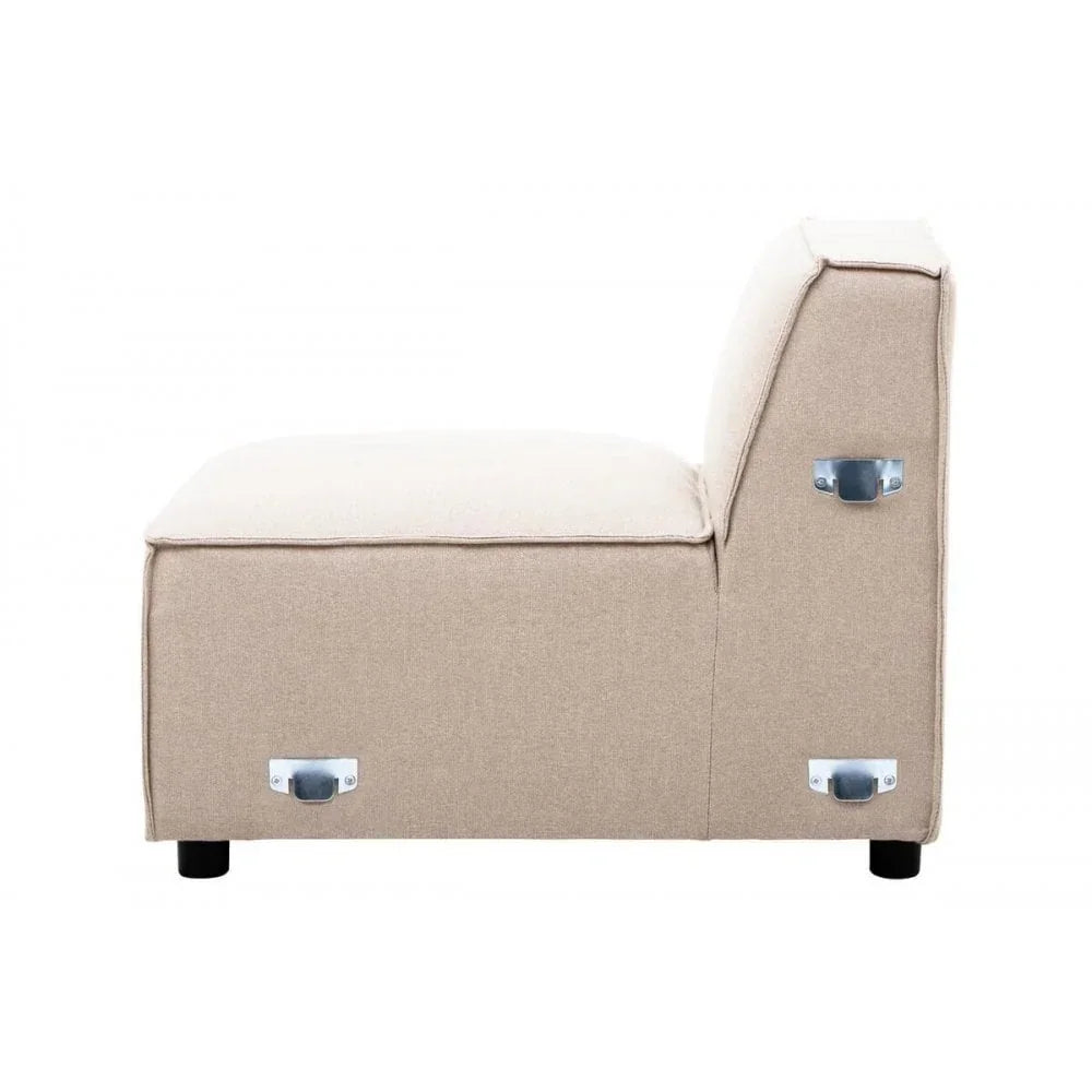 Beige modular sofa section with metal connectors and black feet, side profile view