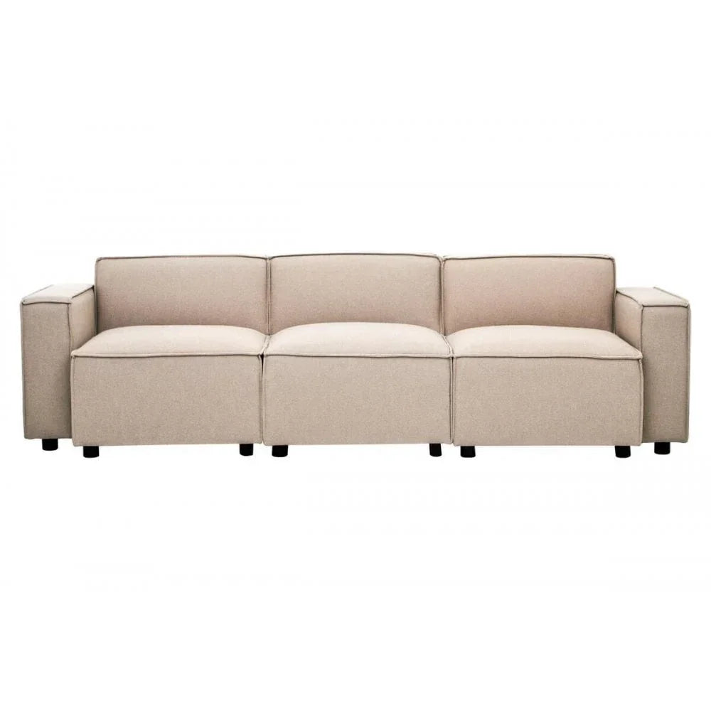 Beige fabric three seater sofa with square arms and modular design on black legs