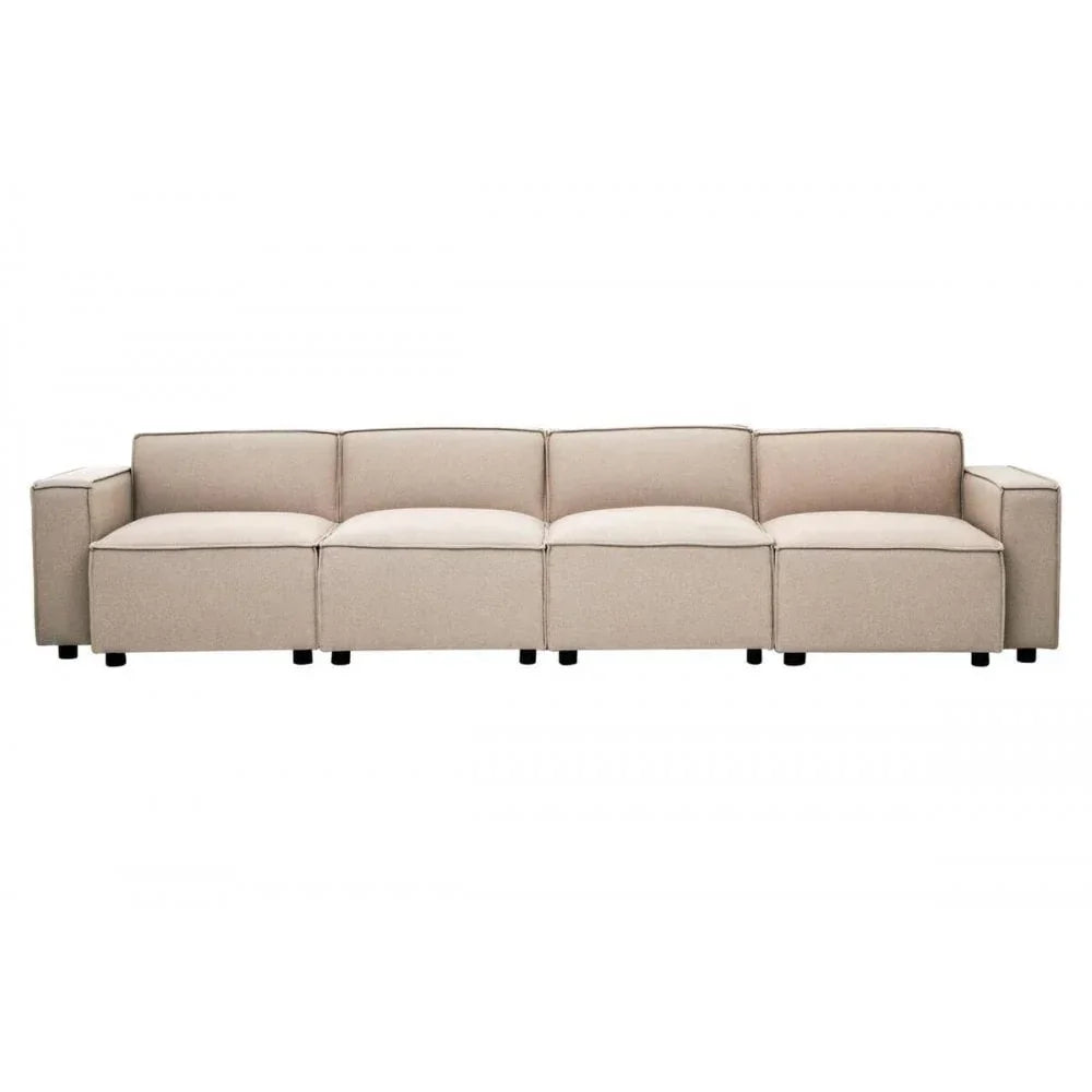 Beige fabric modular sofa with four seats and block arms, front view