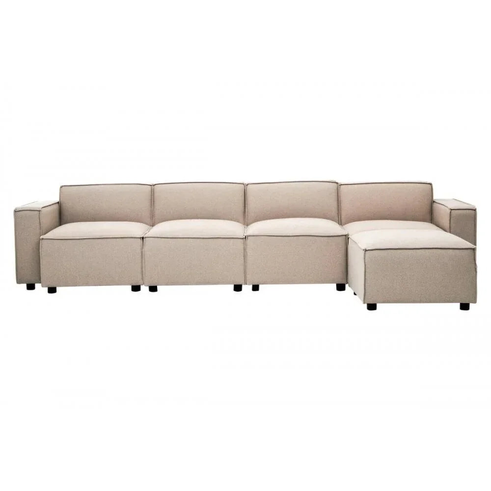 Beige modular corner sofa with chaise and low square arms on black feet