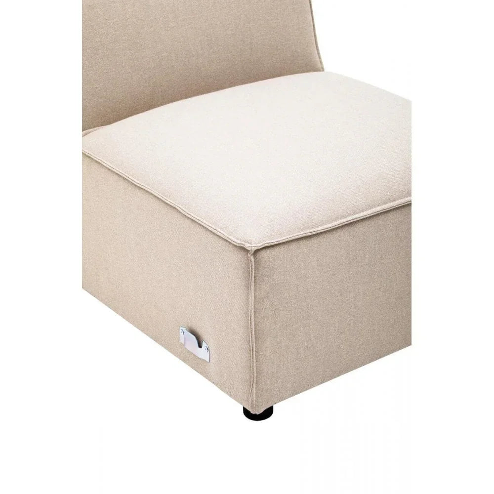 Beige fabric sofa seat with metal connector and low black feet, close side view