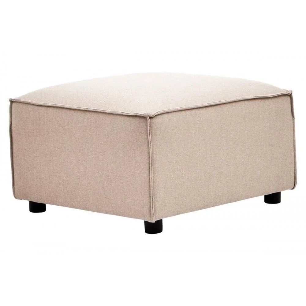 Beige fabric ottoman with square shape and short black legs