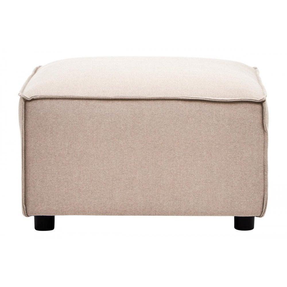 Beige fabric ottoman footstool with visible stitching and short black legs, front view