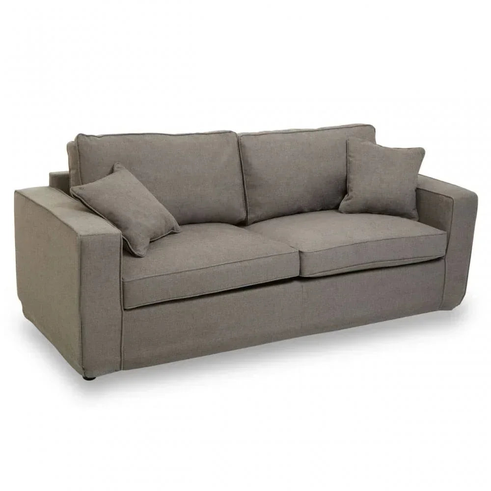 Grey fabric sofa with wide armrests and two seat cushions, shown with matching scatter cushions
