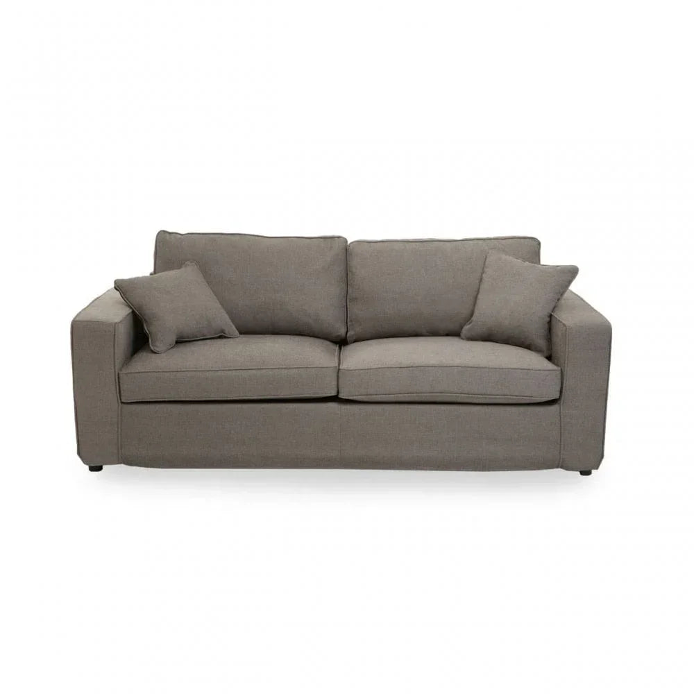 Modern grey fabric sofa with square arms and two seat cushions, shown front facing