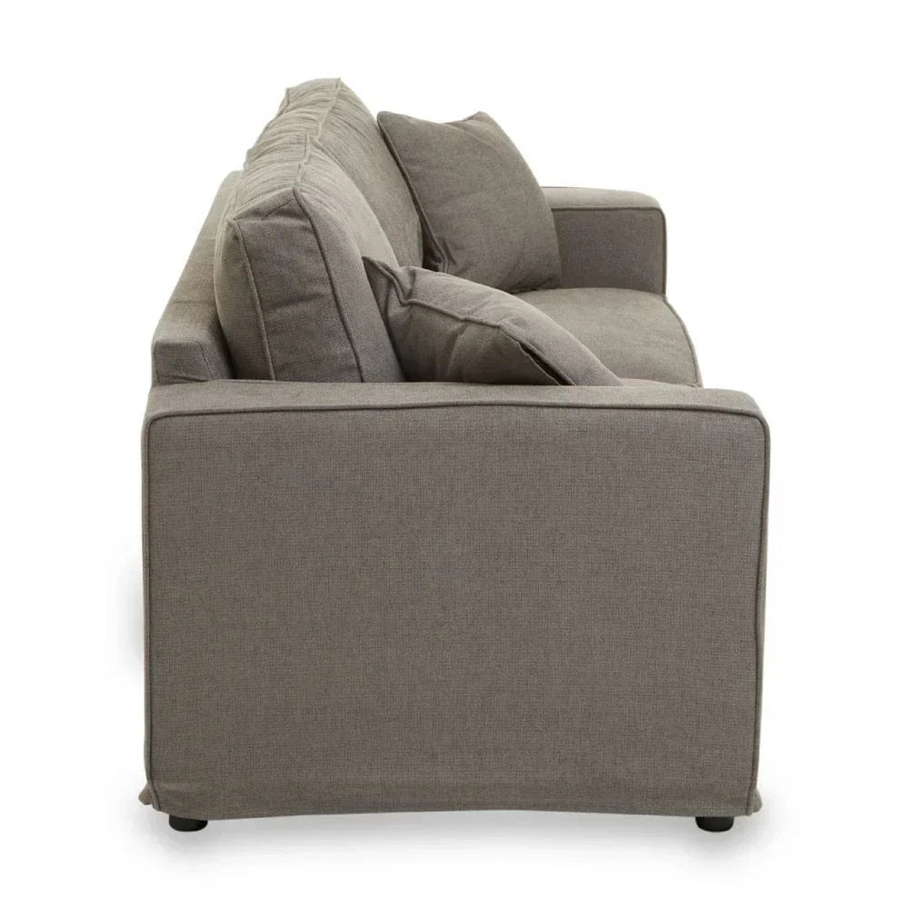 Side view of grey fabric sofa with square armrest and back cushions
