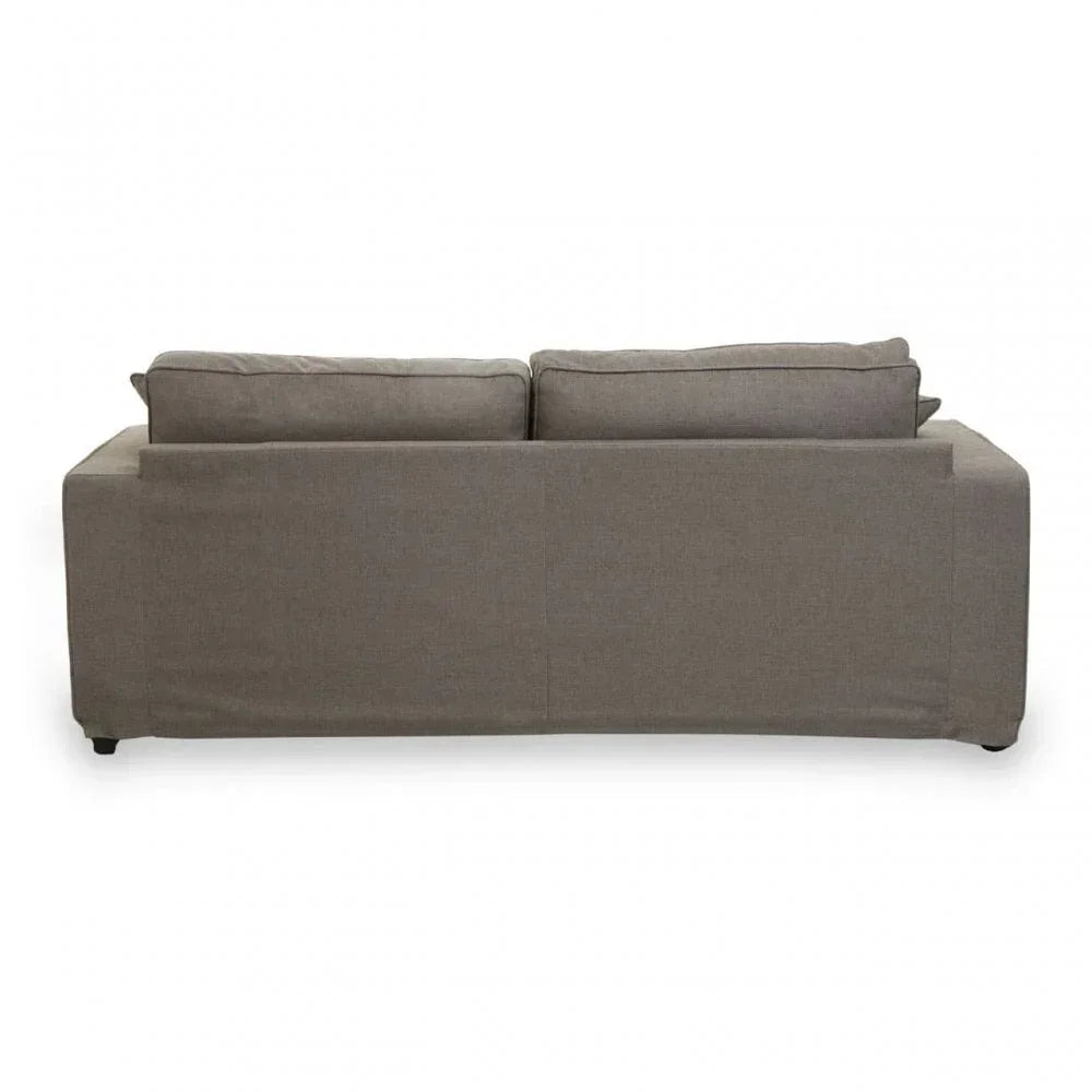 Rear view of grey fabric sofa showing back cushions and simple, boxy design