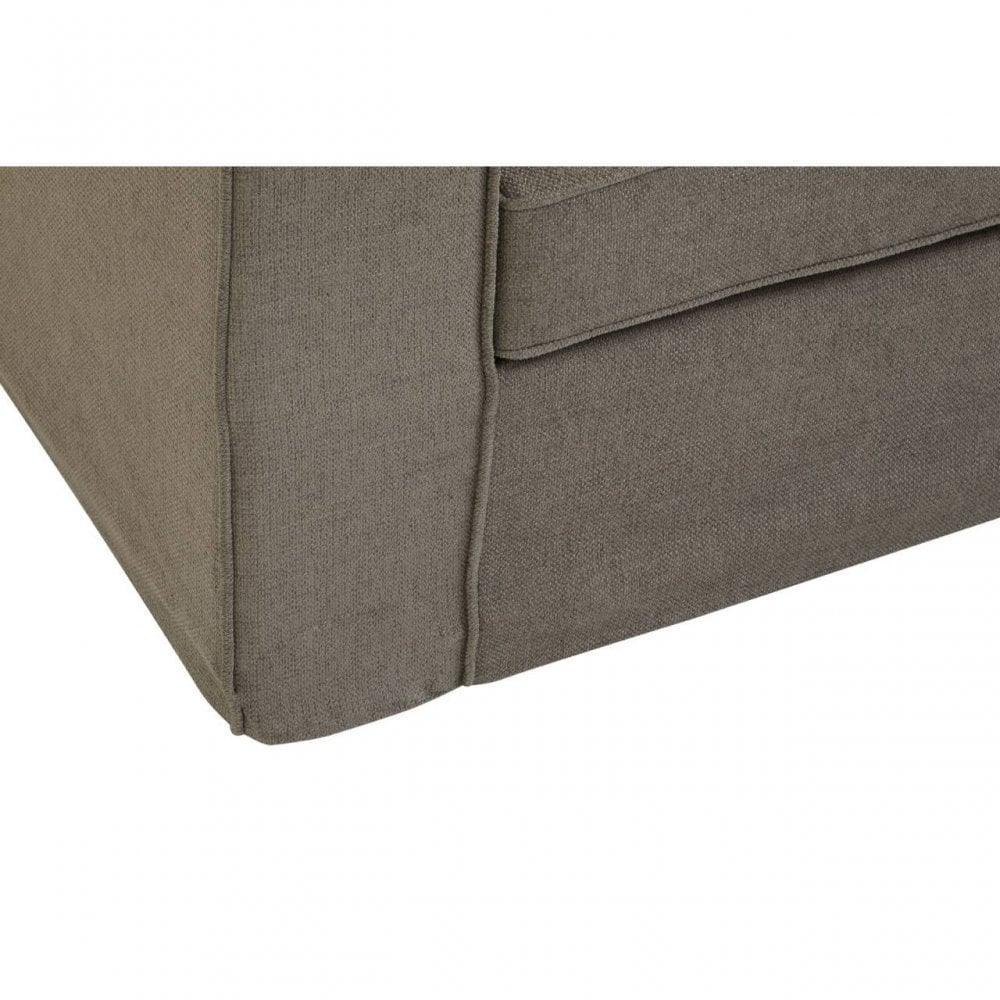 Closeup of corner seam and fabric texture on taupe sofa