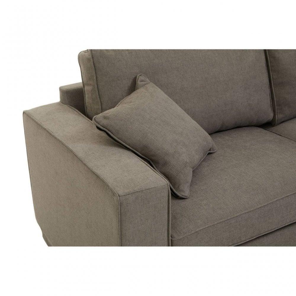 Grey fabric sofa with square armrest and matching scatter cushion, close-up view