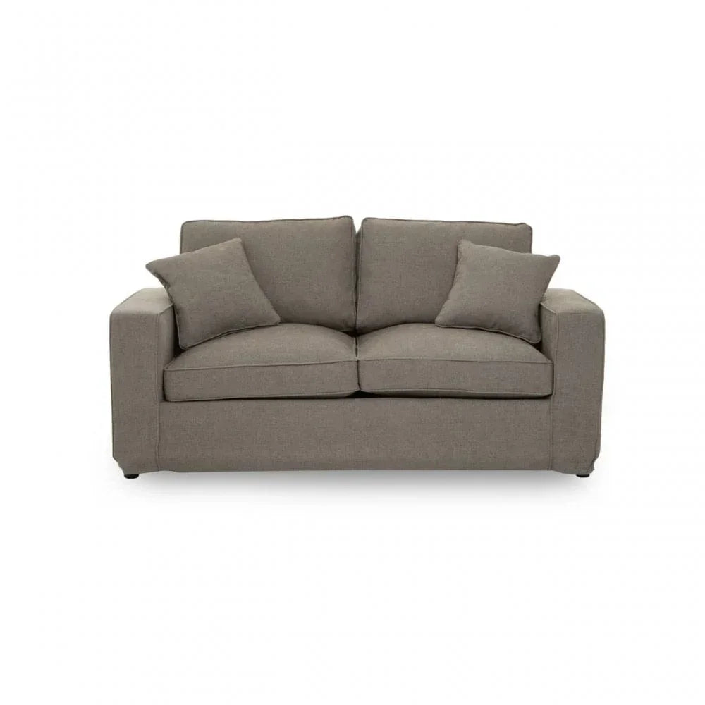 Grey fabric two-seater sofa with square arms and matching scatter cushions front view
