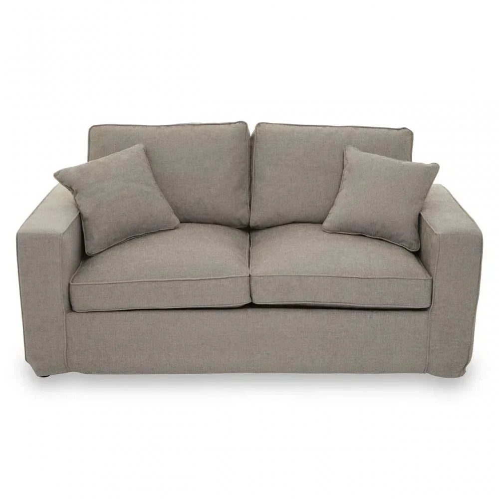 Light grey fabric sofa with square arms and two matching scatter cushions, front angle
