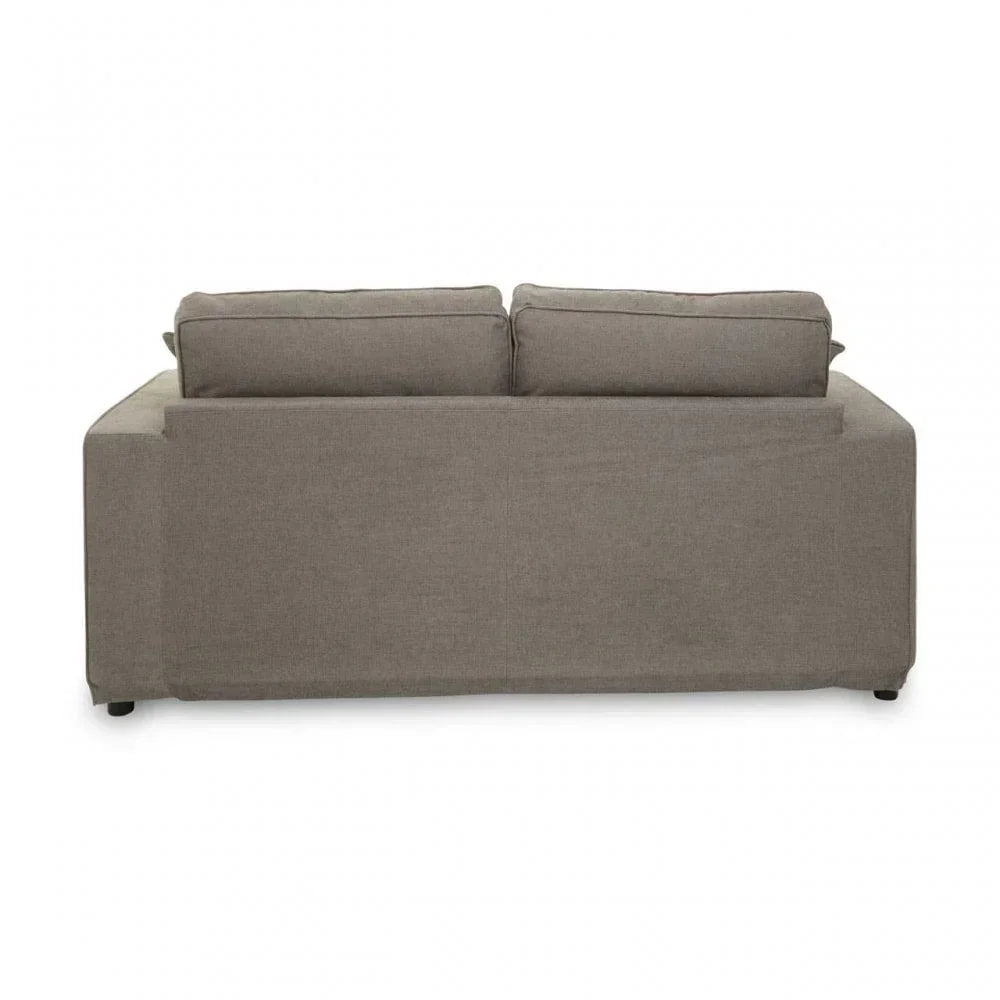 Back view of a grey fabric sofa with two back cushions and block arms