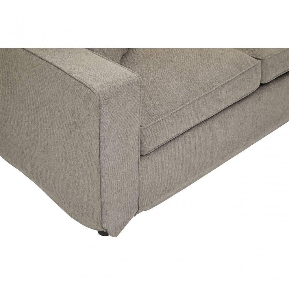 Close-up of grey fabric sofa armrest with seat cushions