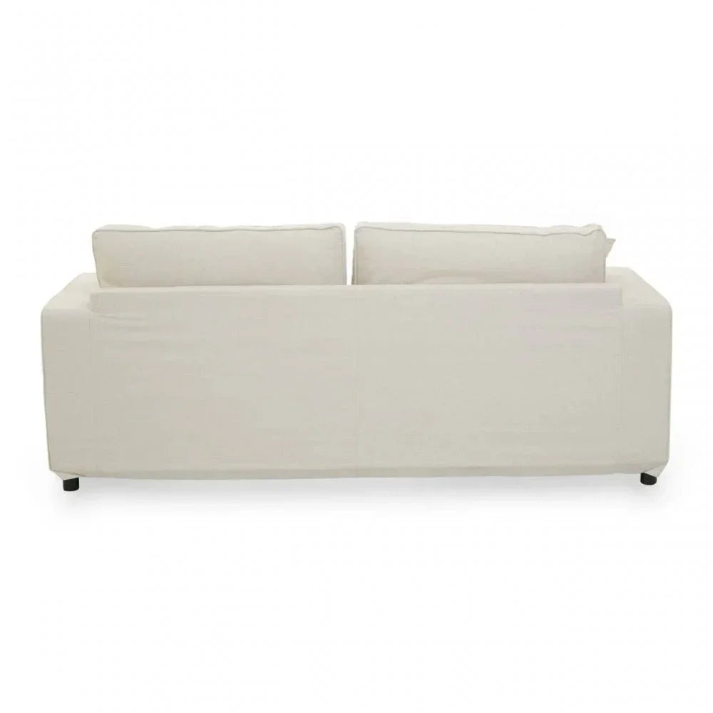 rear view of cream fabric sofa with two back cushions and low legs