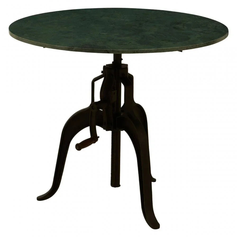 Round industrial side table with green stone top and adjustable black metal base