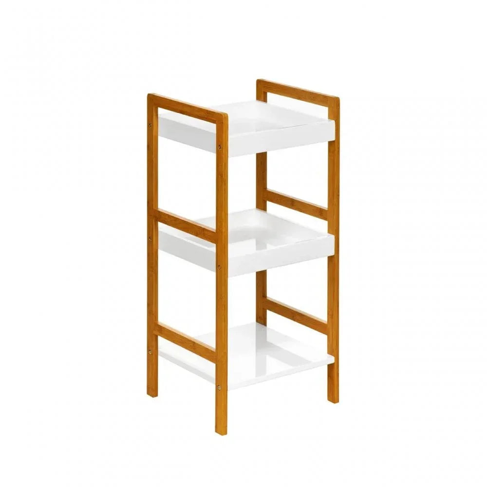 Three tier wooden shelving unit with white storage shelves for home organization