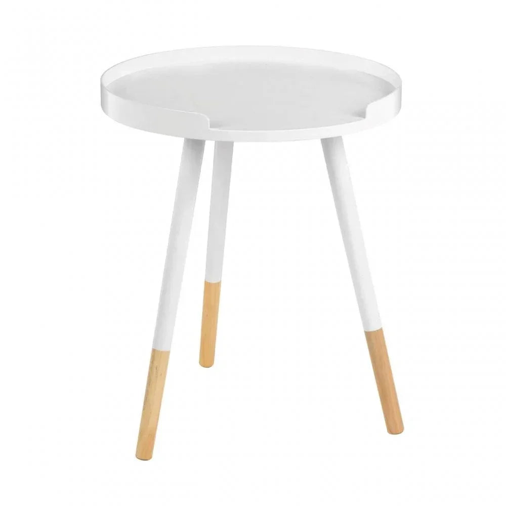 Round white side table with three legs and natural wood accents on the bottom