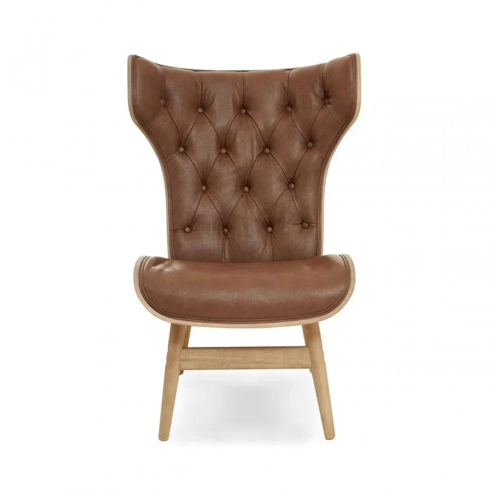 Brown leather accent chair with tufted backrest and wooden legs, front view
