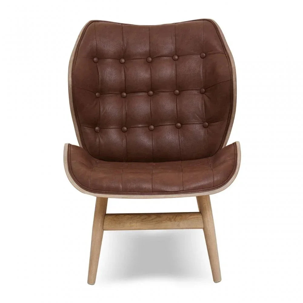 Brown leather accent chair with tufted backrest and wooden legs, front view