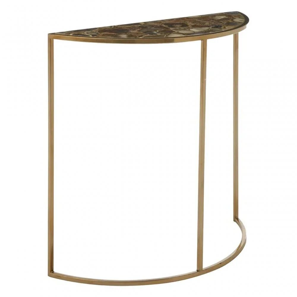Half moon console table with gold metal frame and brown stone top