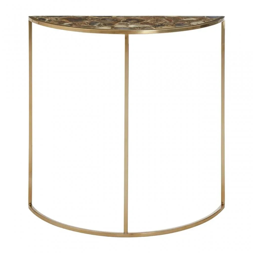Half moon console table with gold metal frame and stone top