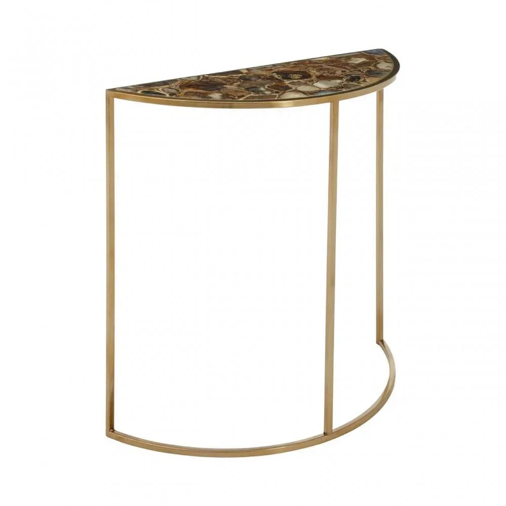 Half moon console table with gold metal frame and agate stone top