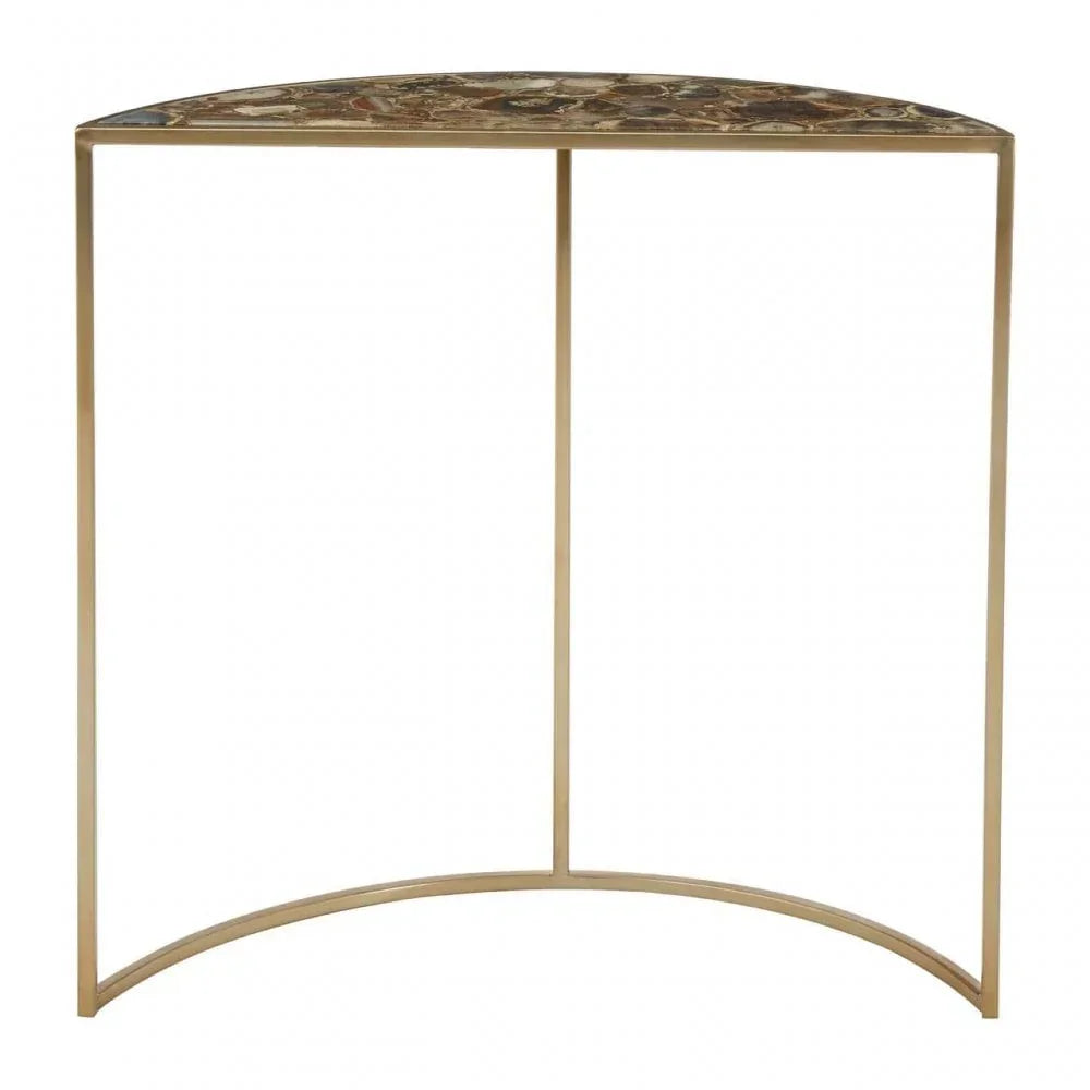 Half moon console table with gold metal frame and agate stone top