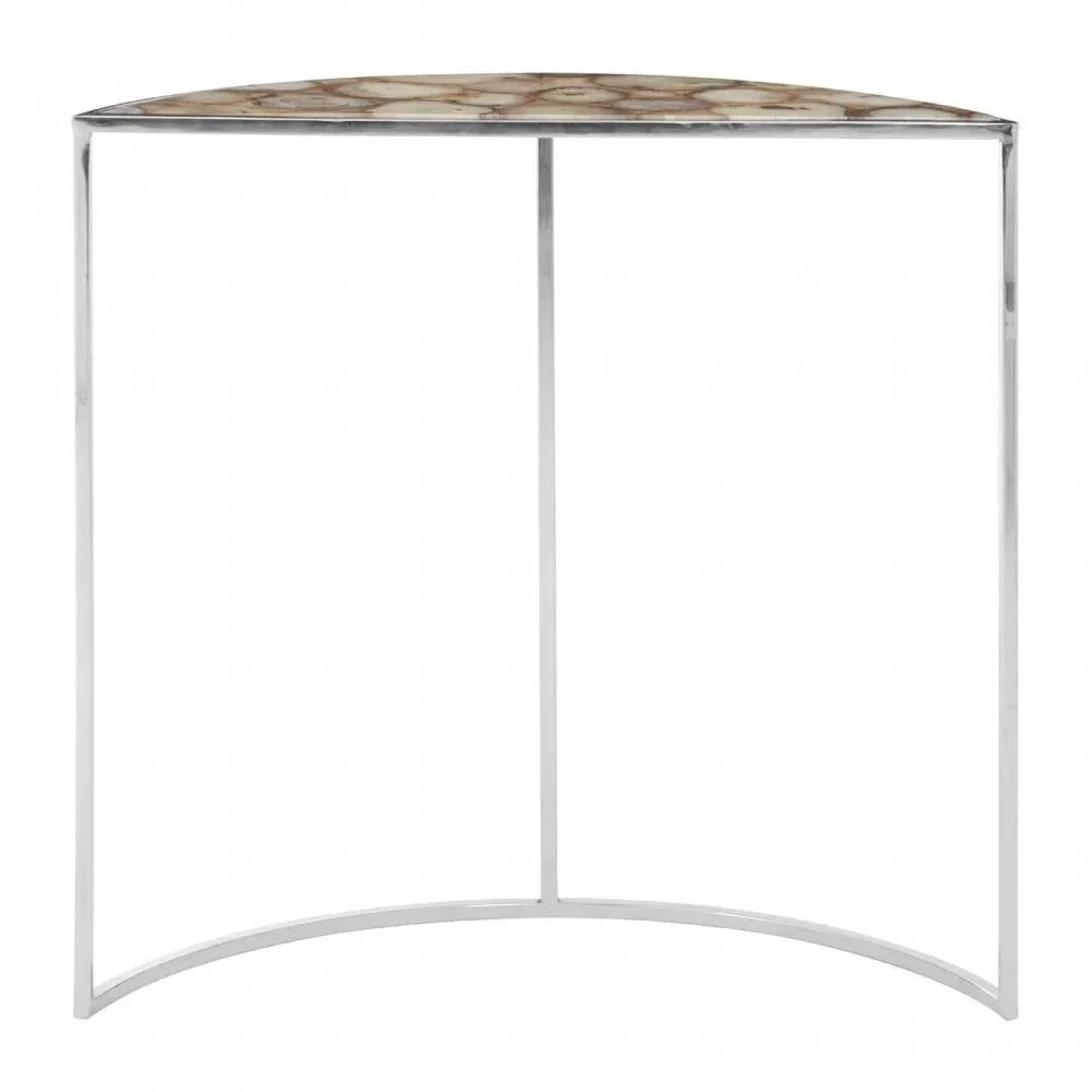 Marble console table with semi-circular top and slim silver metal frame