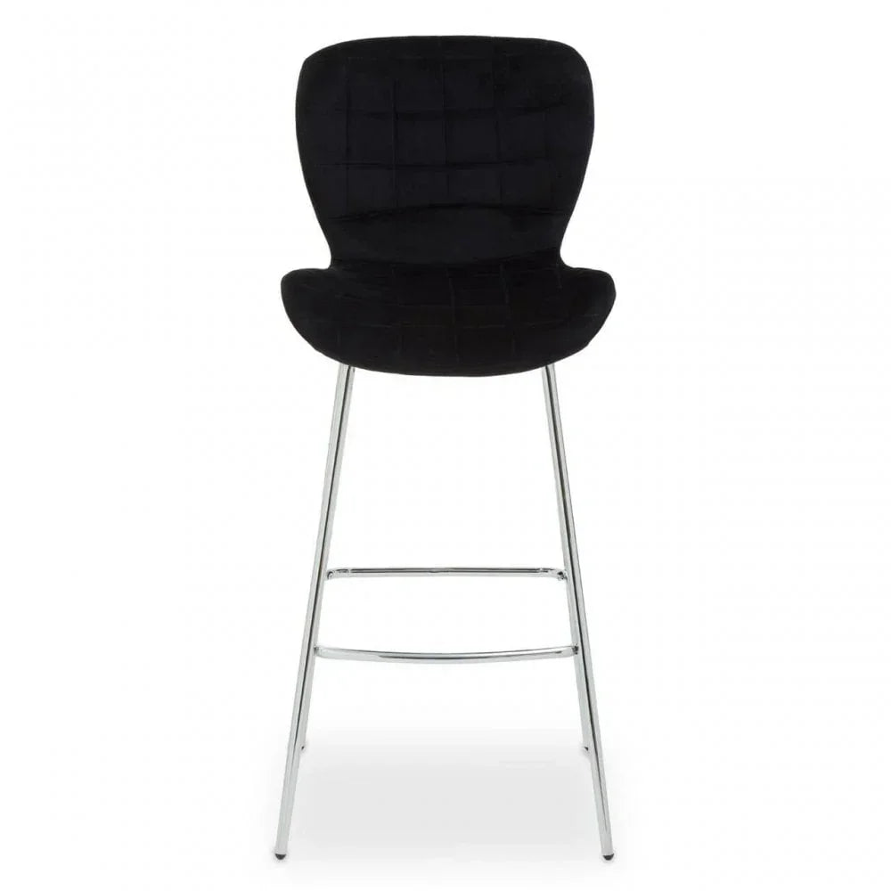 Black bar stool with chrome metal legs and cushioned seat, front view