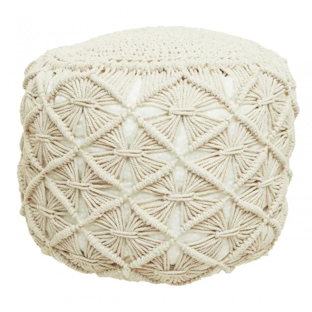 Cream macrame pouffe with textured geometric pattern and round shape