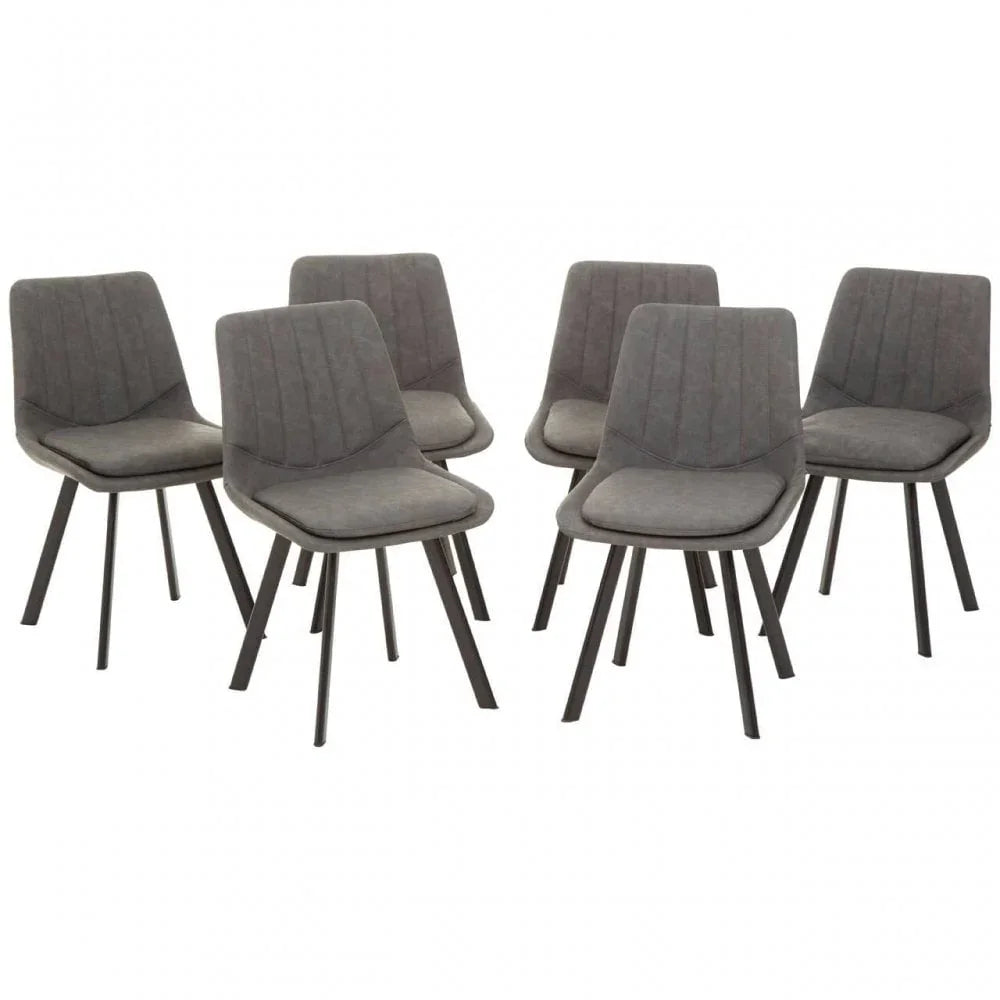 Set of six grey upholstered dining chairs with metal legs, shown from front angle